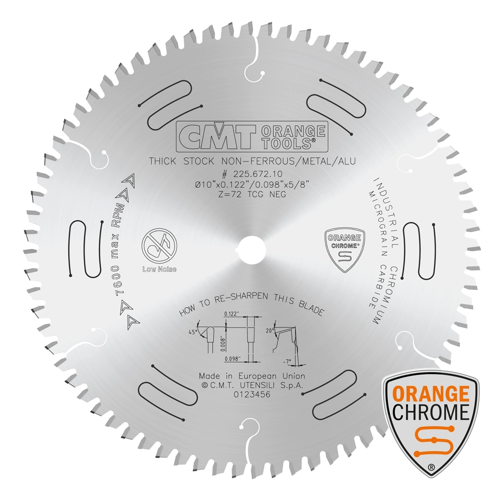 CMT 225.672.10 – ORANGE CHROME NON-FERROUS – THICK STOCK BLADE 10″ x T72 TCG NEG