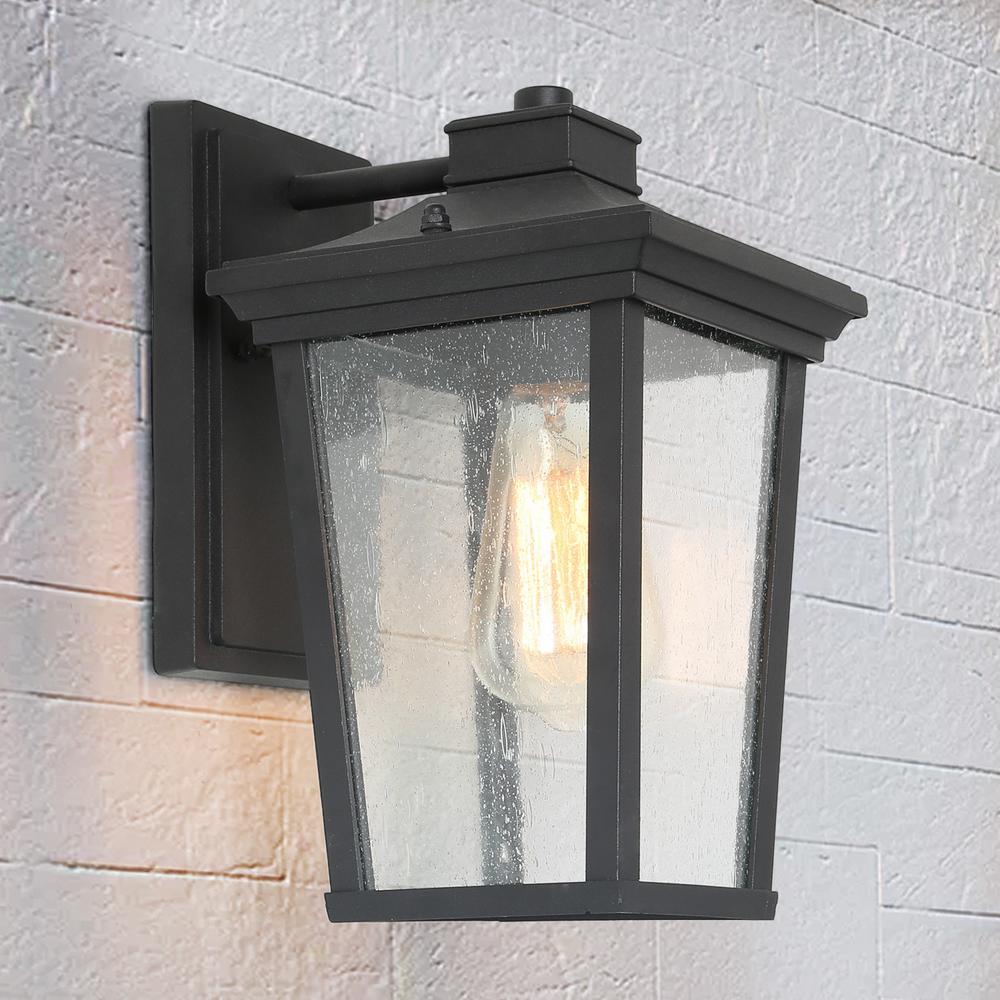 1-Light Black 11 in. H Square Patio LED Decorative Outdoor Metal Caged Wall Lantern Seeded Glass Sconce
