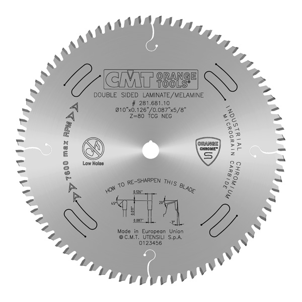 CMT 281.681.10 – ORANGE CHROME DOUBLE SIDED LAMINATE /MELAMINE BLADE 10″ x T80 TCG NEG