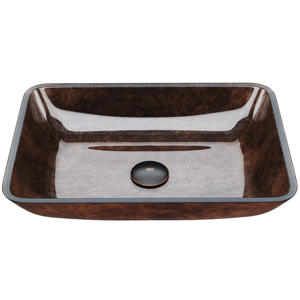 VIGO Russet Handmade Countertop Glass Rectangular Vessel Bathroom Sink in Red and Brown Fusion