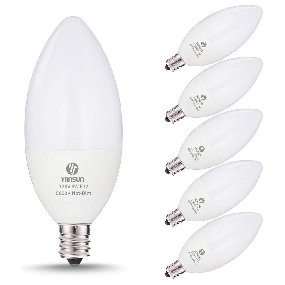 YANSUN 60-Watt Equivalent 6W C37 Non-Dimmable LED Candle Light Bulb E12 Base in Daylight White 5000K (6-Pack)