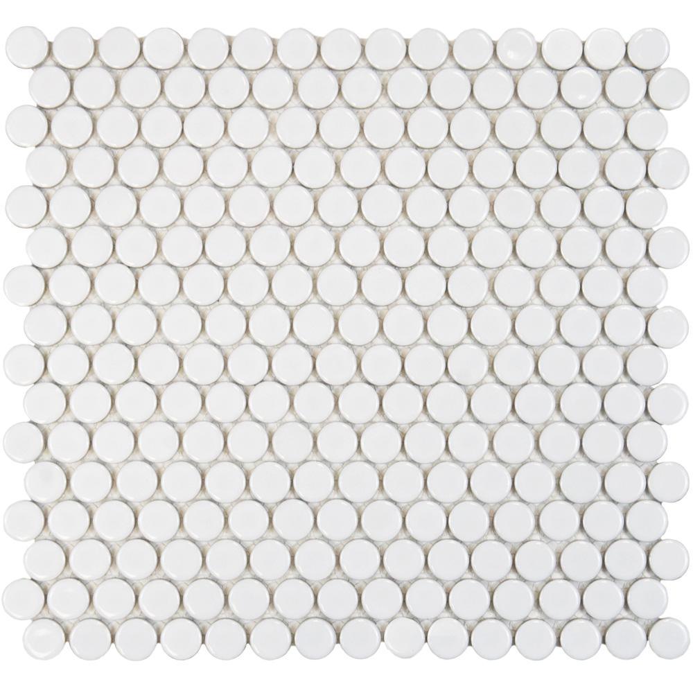 Merola Tile Hudson Penny Round Glossy White 12 in. x 12-5/8 in. x 5 mm Porcelain Mosaic Tile (10.74 sq. ft. / case)