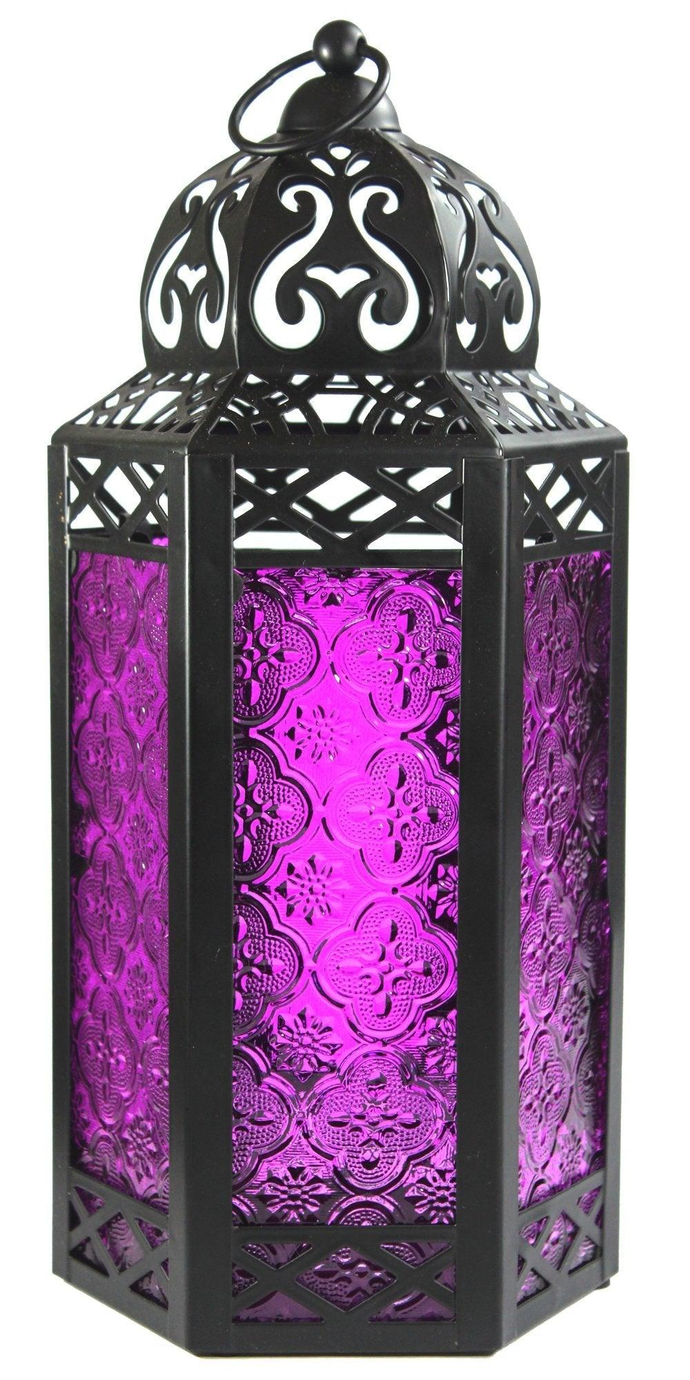 Moroccan Style Candle Lantern with LED Lights, Purple Glass, Large