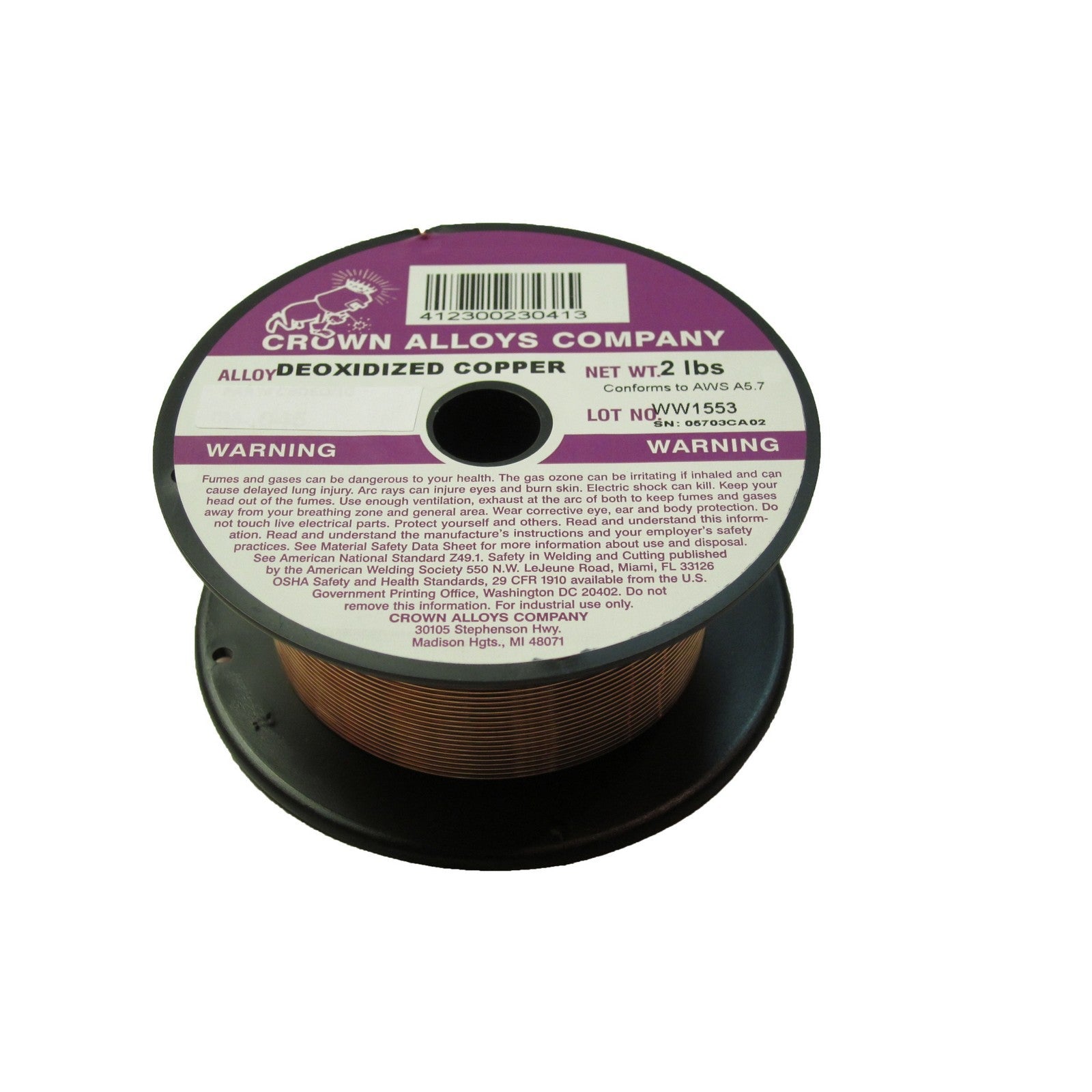 Crown Alloy .045 x 2# DEO-COPPER Deoxidized Copper (ER Cu) MIG 2 lb SPOOL (CSDEO/1G)