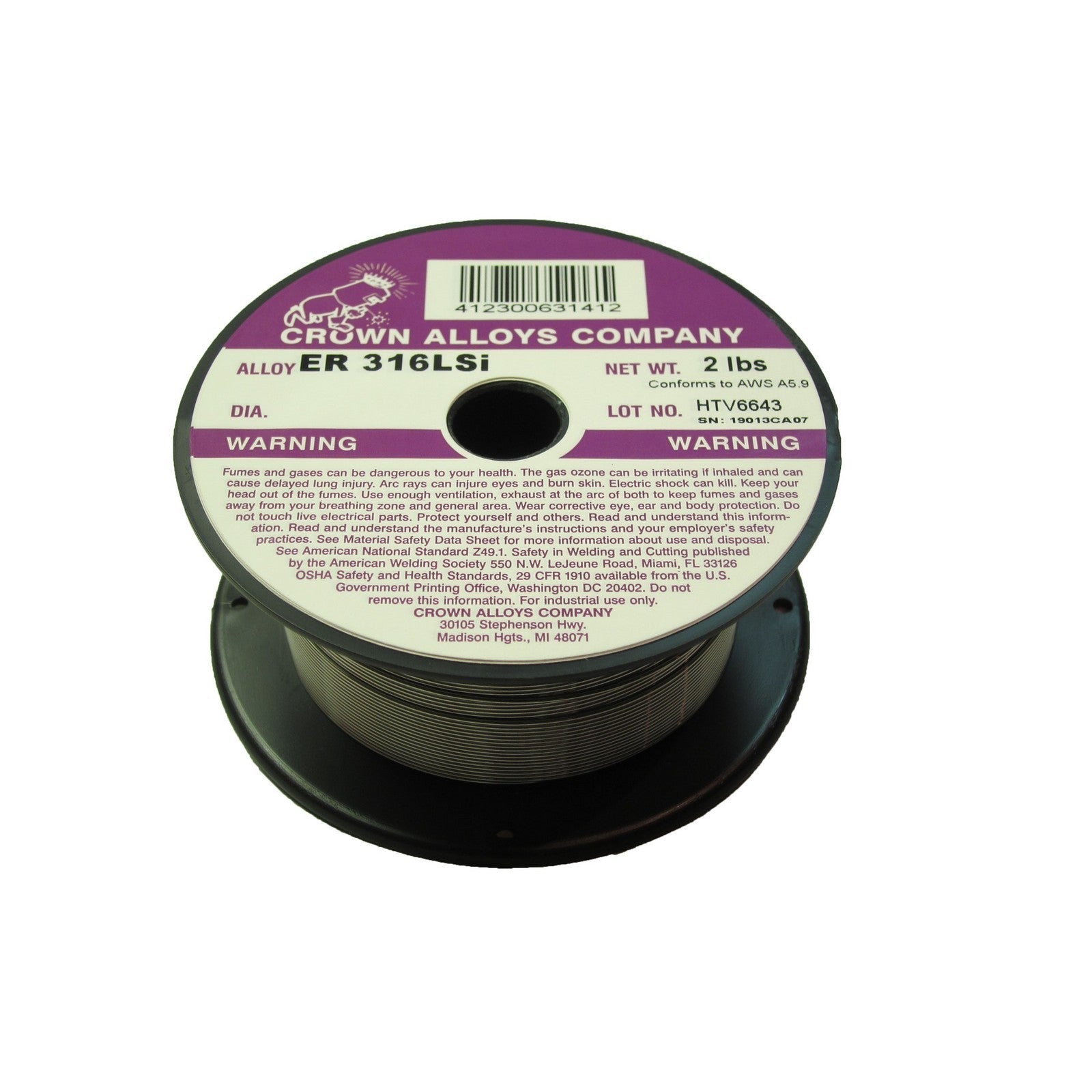 Crown Alloy .023 x 2# ER 316LSI Stainless Steel MIG 2 lb SPOOL (SS316/1ZD)