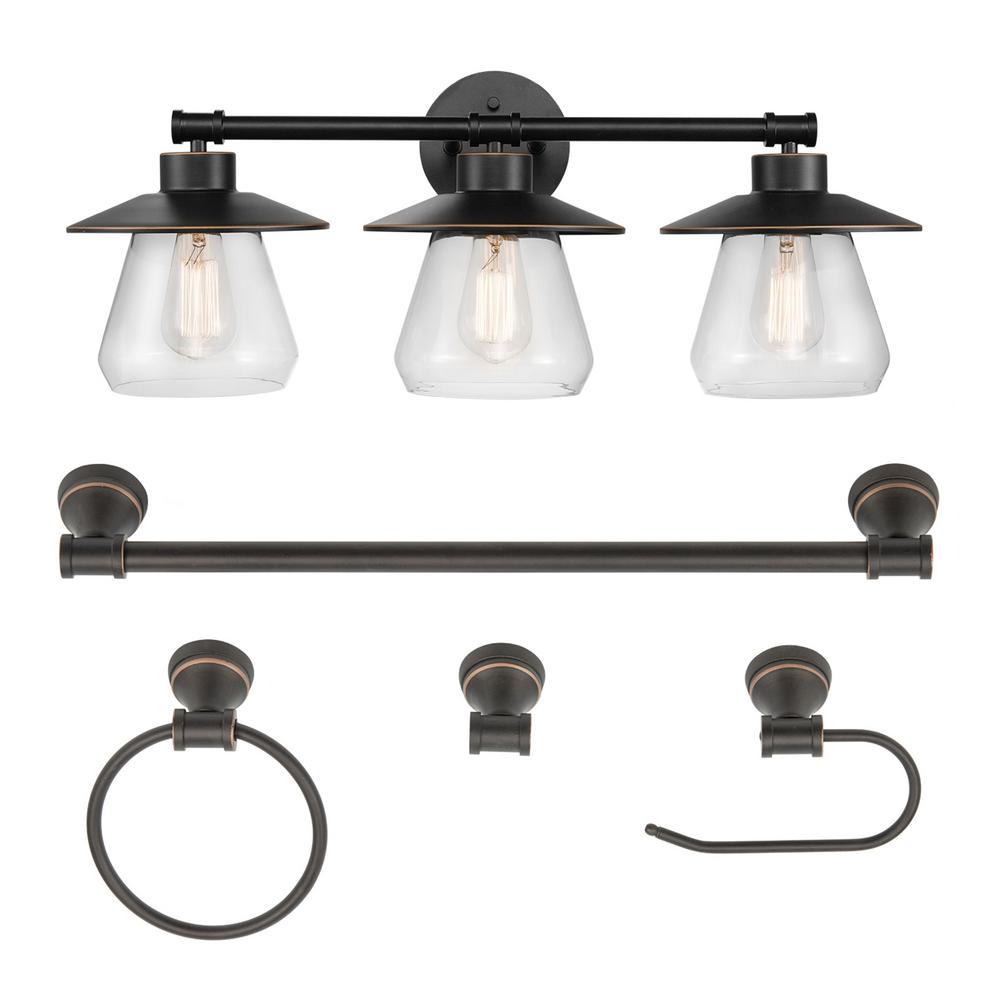 Nate 3-Light Oil Rubbed Bronze Vanity Light With Clear Glass Shades and Bath Set