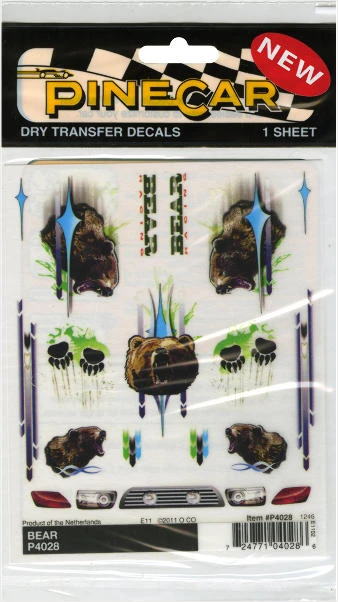 Pine Car Derby Dry Transfer Decal 4" X 5" Sheet - Bear Design