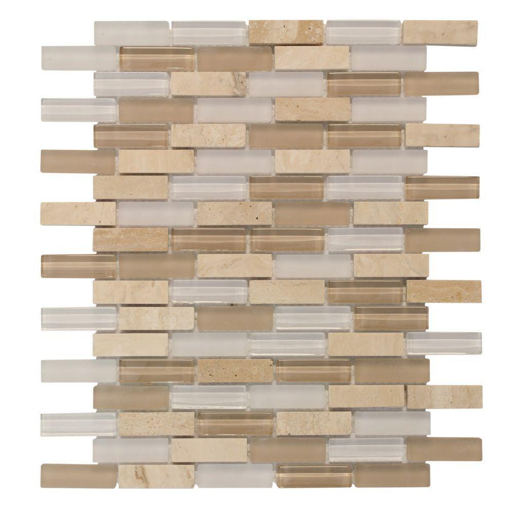 Jeffrey Court Cottage Ridge Mini Brick Beige 11.75 in. x 12 in. x 8 mm Interlocking Glass/Stone Mosaic Tile