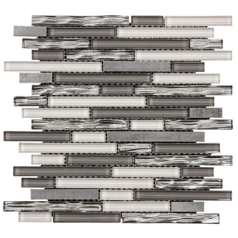 Jeffrey Court Waves of Grey 11.50 in. x 11.875 in. x 9 mm Interlocking Glossy Glass/Metal Mosaic Tile