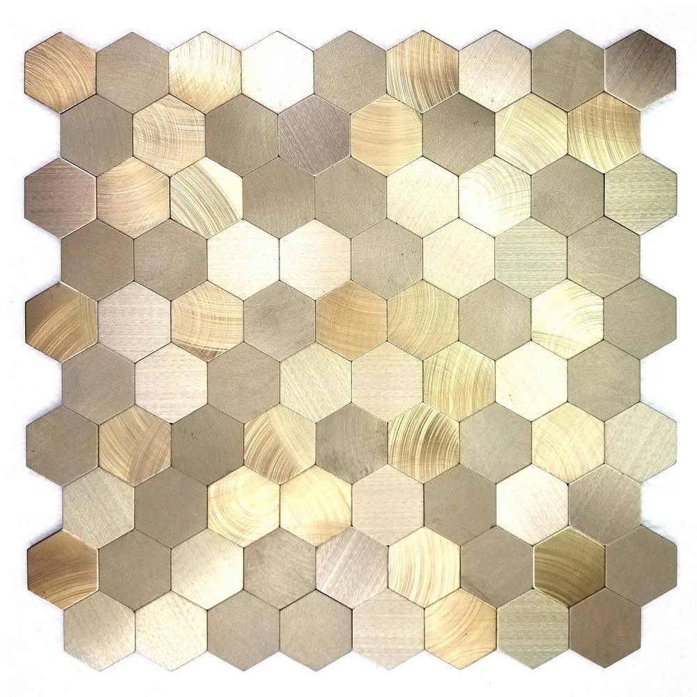 Enchanted Metals Gold Hexagon Mosaic 12 in. x 12 in. Brushed Peel & Stick Wall Tile (0.9 sq. ft.)