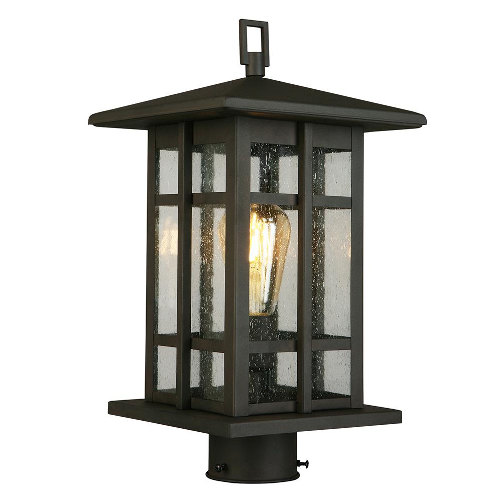 Arlington Creek 7.5 in. W x 15 in. H 1-Light Matte Bronze Outdoor Post Light with Clear Seeded Glass