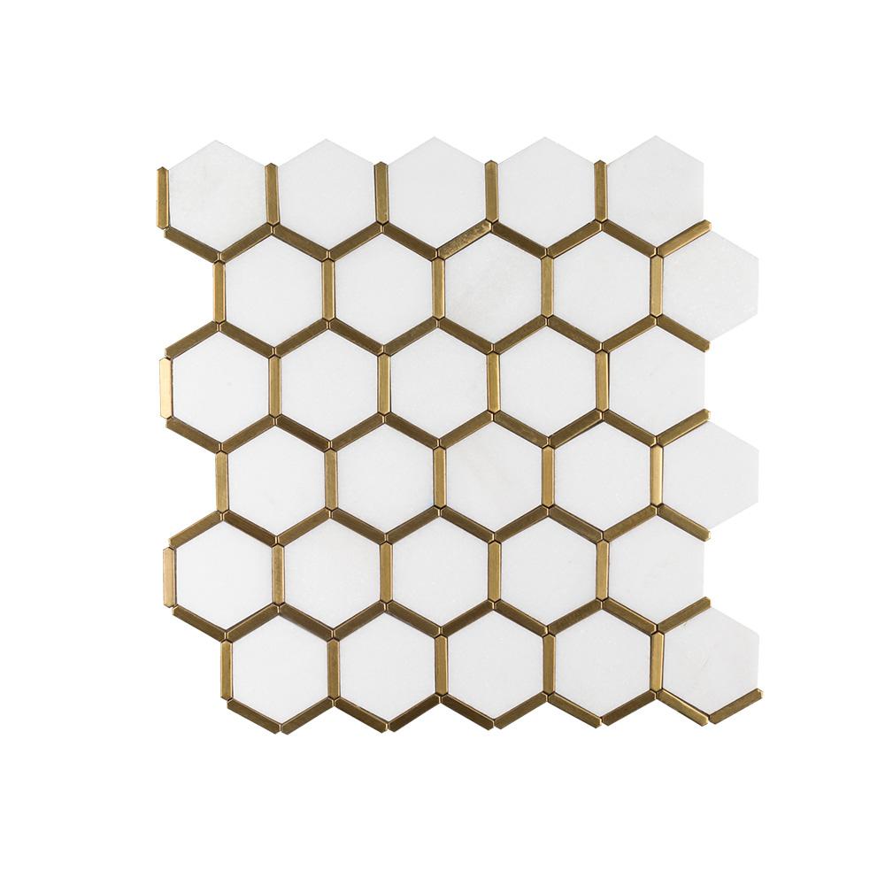 Jeffrey Court Karats White 10.625 in. x 11.125 in. x 8 mm Hexagon Natural Stone/Metal Wall and Floor Mosaic Tile