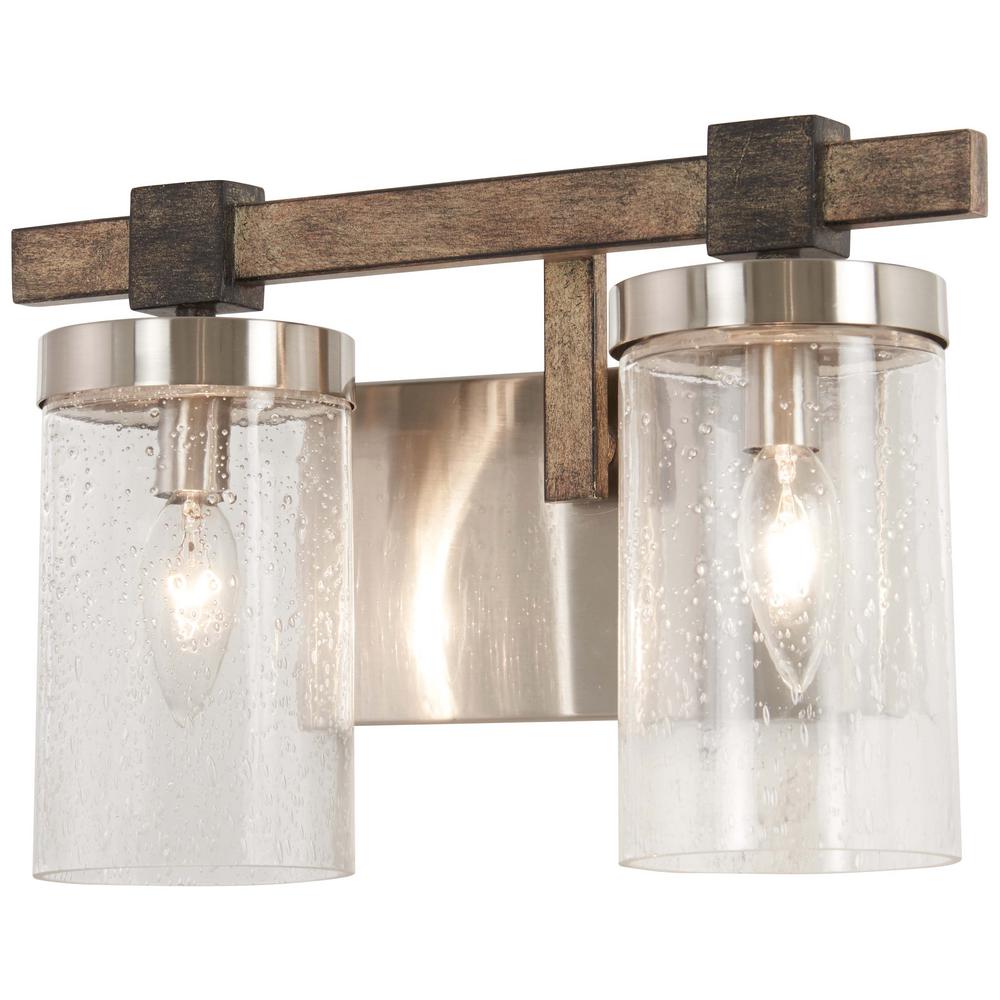 Bridlewood 2-Light Stone Grey with Brushed Nickel Bath Light with Clear Seedy Glass