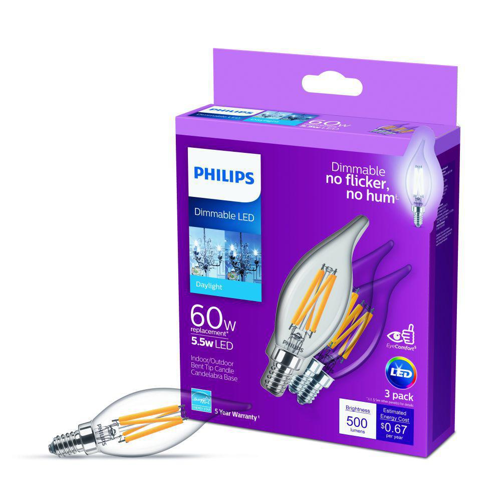 Philips 60-Watt Equivalent B11 Dimmable Edison LED Candle Light Bulb Glass Bent Tip Candelabra Base Daylight (5000K) (12-Pack)