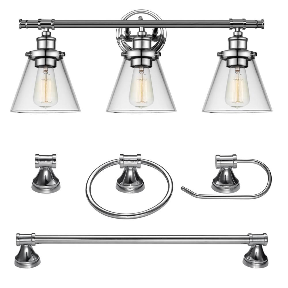 Parker 3-Light Chrome Vanity Light With Clear Glass Shades and Bath Set (5-Piece)