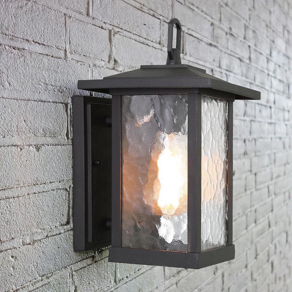 1-Light Transitional Outdoor Wall Light Lantern Sconce with Watered Glass Matt Black Coach Light LED Compatible