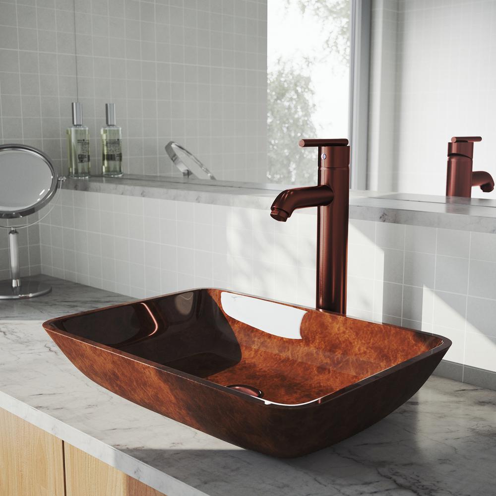 VIGO Russet Glass Vessel Bathroom Sink in Red with Seville Faucet in Oil Rubbed Bronze