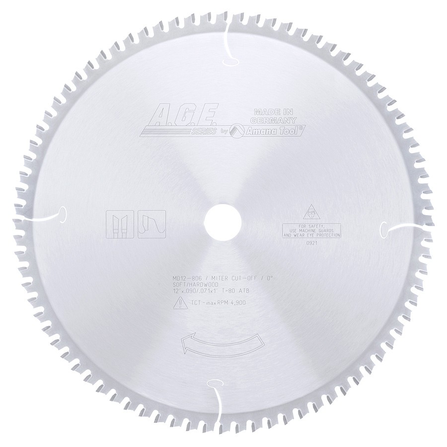 AGE MD12-806 Thin Kerf Miter/Finishing 12″ Dia x 80T ATB, 0 Deg, 1″ Bore