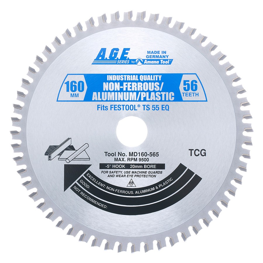 AGE MD160-565 Aluminum/Plastic Blade for Festool®, 160mm Dia x 56T TCG, -5 Deg, 20mm Bore, TS 55 EQ, ATF 55 E, AP 55