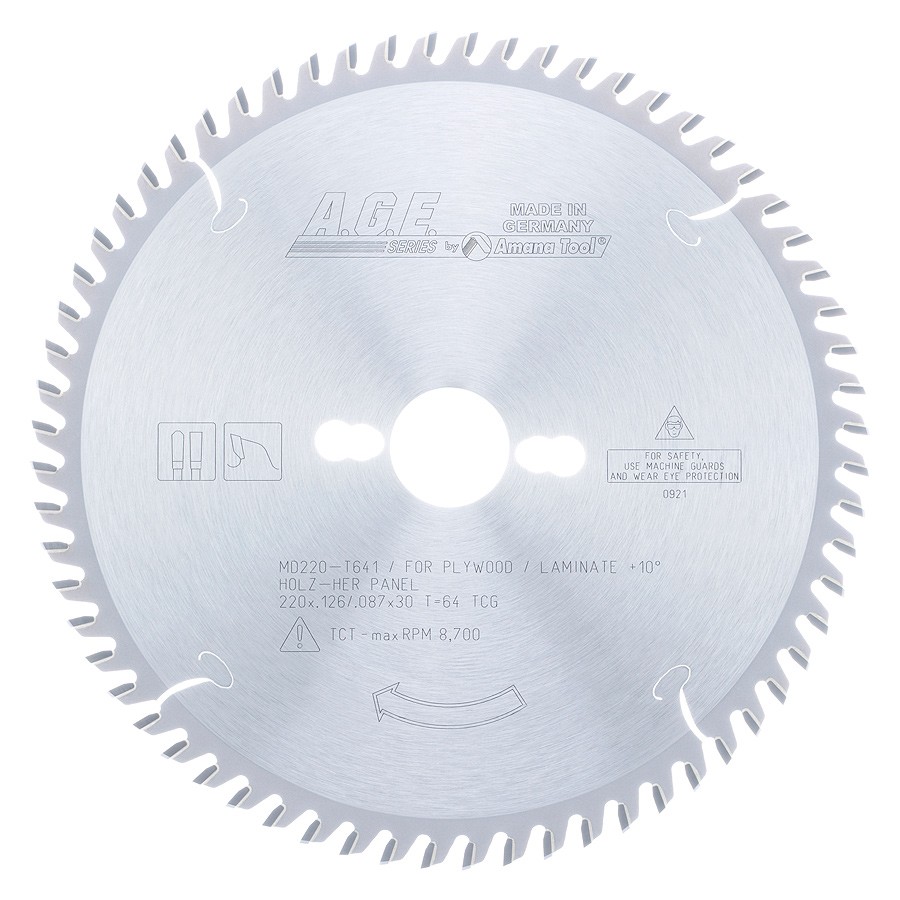 AGE MD220-T641 Plywood & Laminate 220mm Dia x 64T TCG, 10 Deg, 30mm Bore