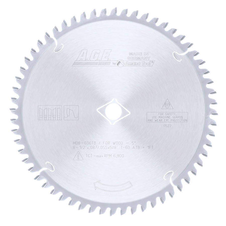 AGE MD8-606TB Thin Kerf Sliding Compound Miter & Radial Arm 8-1/2″ Dia x 60T 4 ATB + 1 MFT, -5 Deg, 5/8 with Diamond Knockout Bore