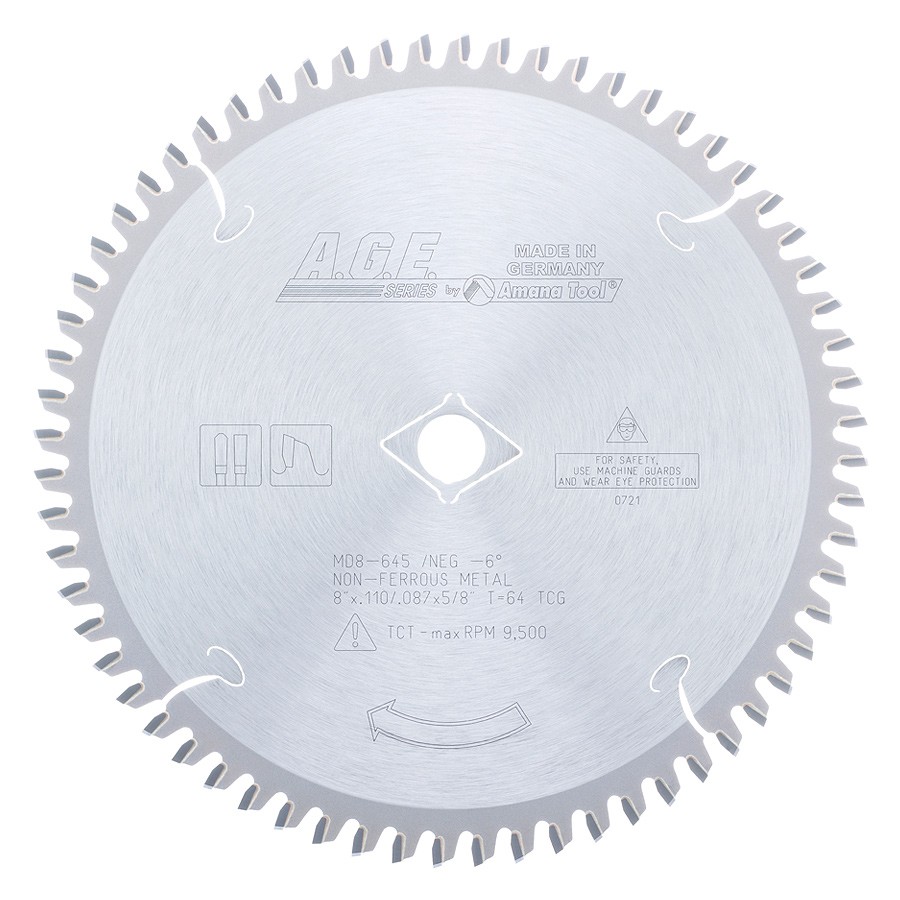AGE MD8-645 Thin Walled Aluminum and Non-Ferrous Metals 8″ Dia x 64T TCG, -6 Deg, 5/8 Bore