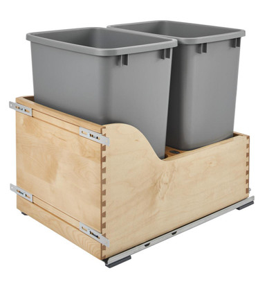 Rev-A-Shelf Natural Maple Bottom Mount MOVENTO Waste Pullout with Double Metallic Silver 27 Qt. Containers with BLUMOTION Soft-Close 4WCSC-1527DM-2
